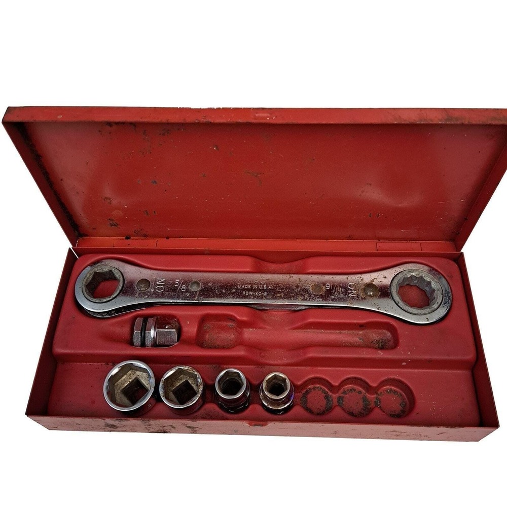Vintage MAC Tools RBW-20 Ratcheting Wrench Set Double Box End 5/8 11/16 Adapters